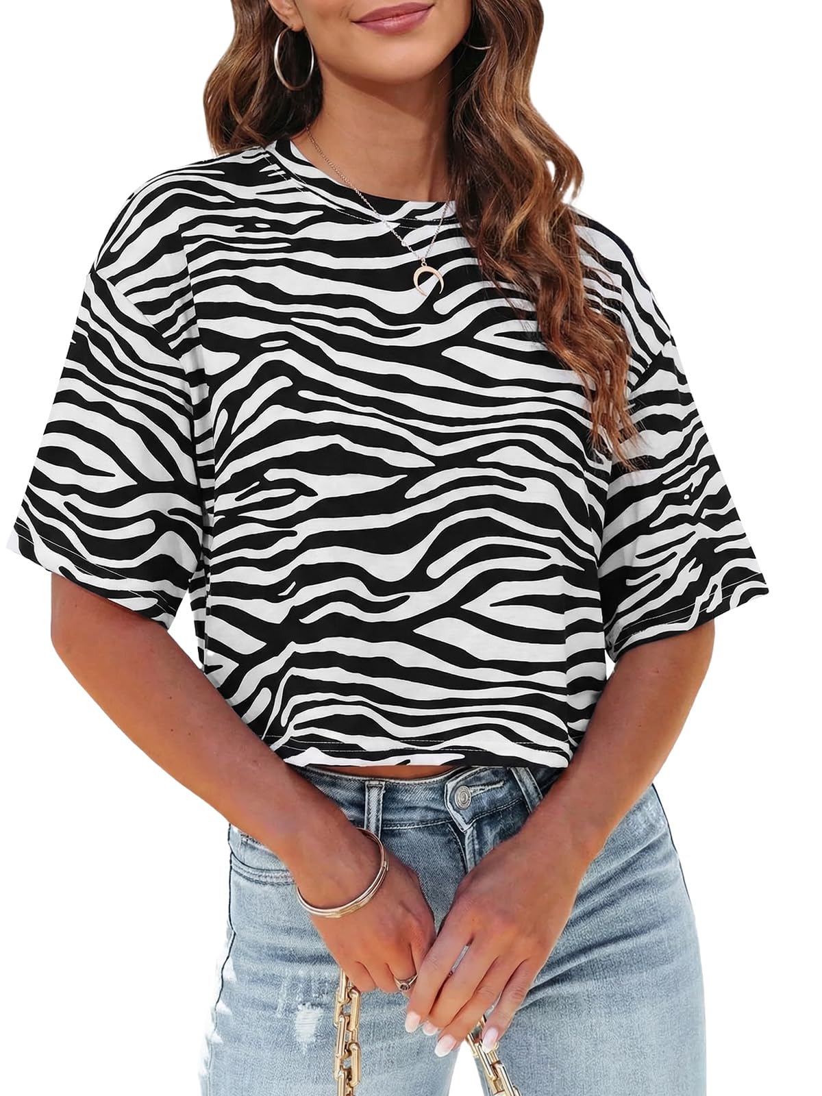 Tankaneo Women Half Sleeve Cropped T-Shirts Drop Shoulder Round Neck Crop Tops Casual Summer Solid Color Basic Tees