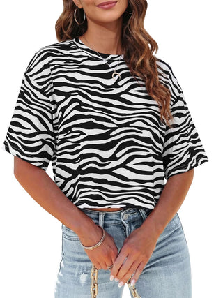 Tankaneo Women Half Sleeve Cropped T-Shirts Drop Shoulder Round Neck Crop Tops Casual Summer Solid Color Basic Tees