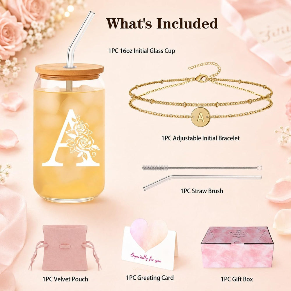 Bridesmaid Gifts for Women, Glass Cup and Bracelet Gift Set, Bridal Party Gift Box for Bridesmaid Thank You, Wedding Weekend, Bridal Shower or Proposal, Initial A