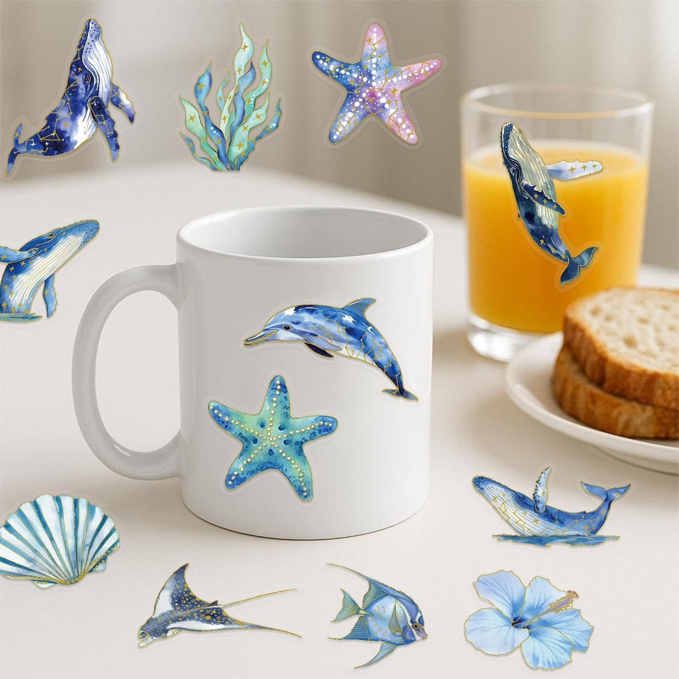 Cute Marine Life Gold-Embossed Waterproof Stickers for Water Bottle, 50PCS Cool Marine Creatures Transparent Stickers Pack for Laptop, Scrapbook, Ocean Animal Blue Golden Decals Gift