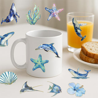 Cute Marine Life Gold-Embossed Waterproof Stickers for Water Bottle, 50PCS Cool Marine Creatures Transparent Stickers Pack for Laptop, Scrapbook, Ocean Animal Blue Golden Decals Gift