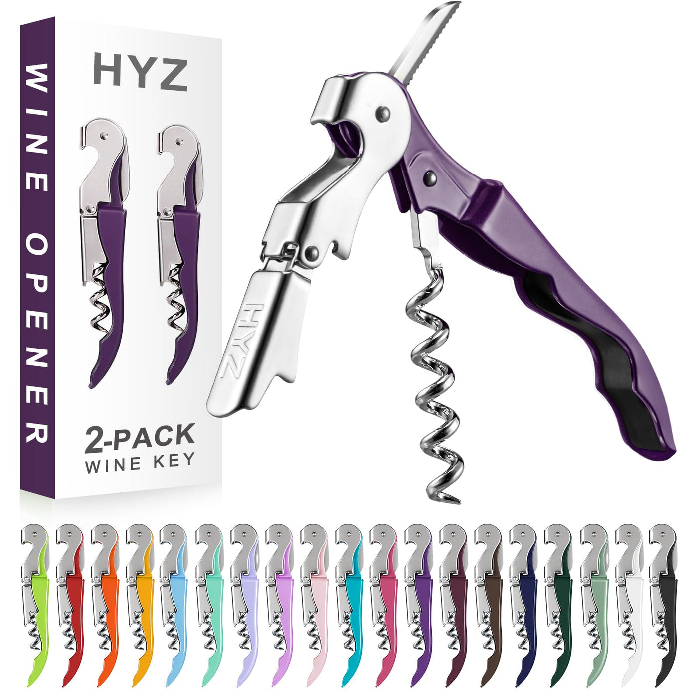 HYZ 2-Pack Wine Opener Waiter Corkscrew, Professional Wine Key for Servers, Bartender with Foil Cutter, Manual Wine Bottle Opener Double Hinged (Pink)