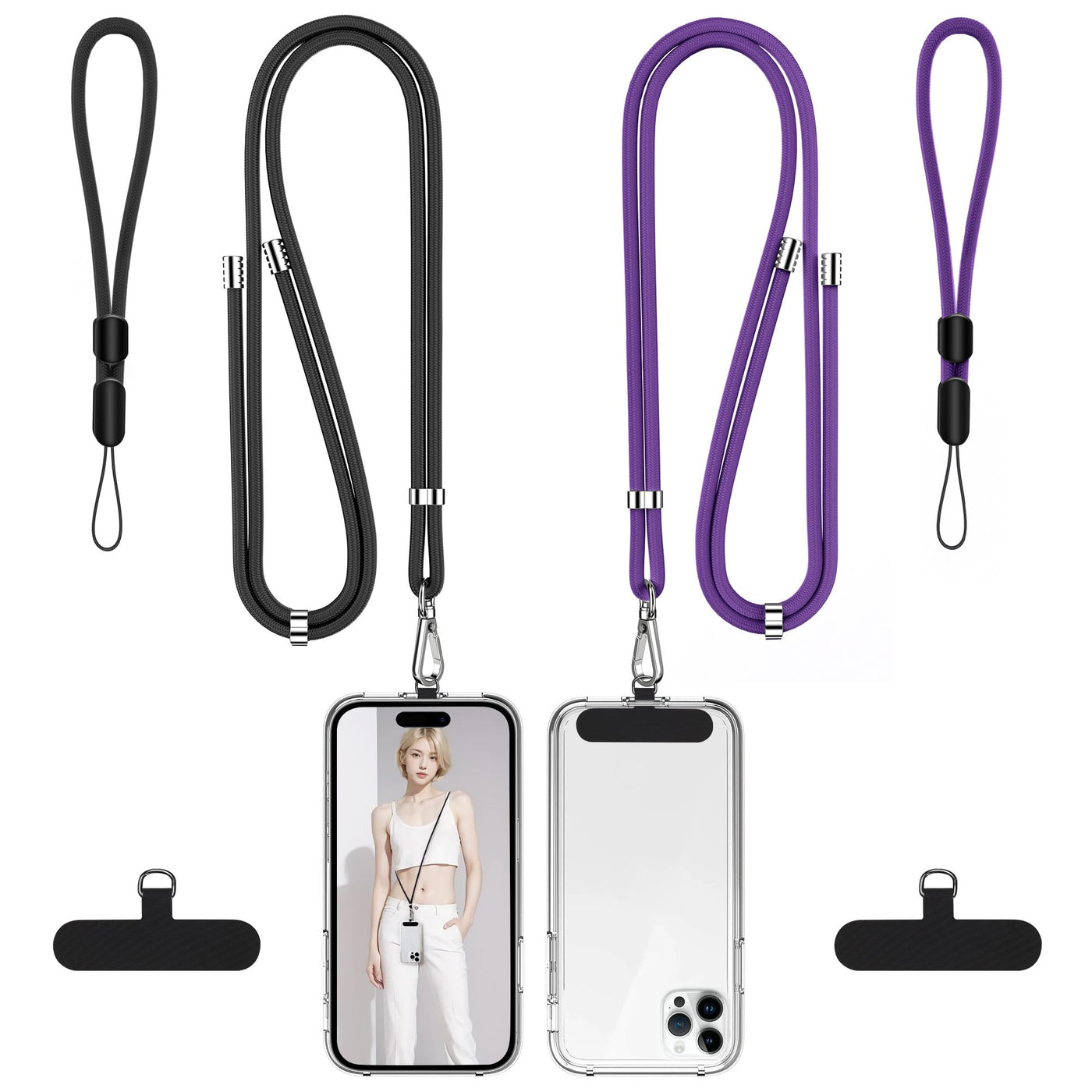 takyu Phone Lanyard, 2 Pack Adjustable Cell Phone Lanyard Crossbody Neck Strap & 2 Pack Phone Wrist Strap with 2 Pcs Tether Tabs Compatible for iPhone Android Smartphones-Black Grey