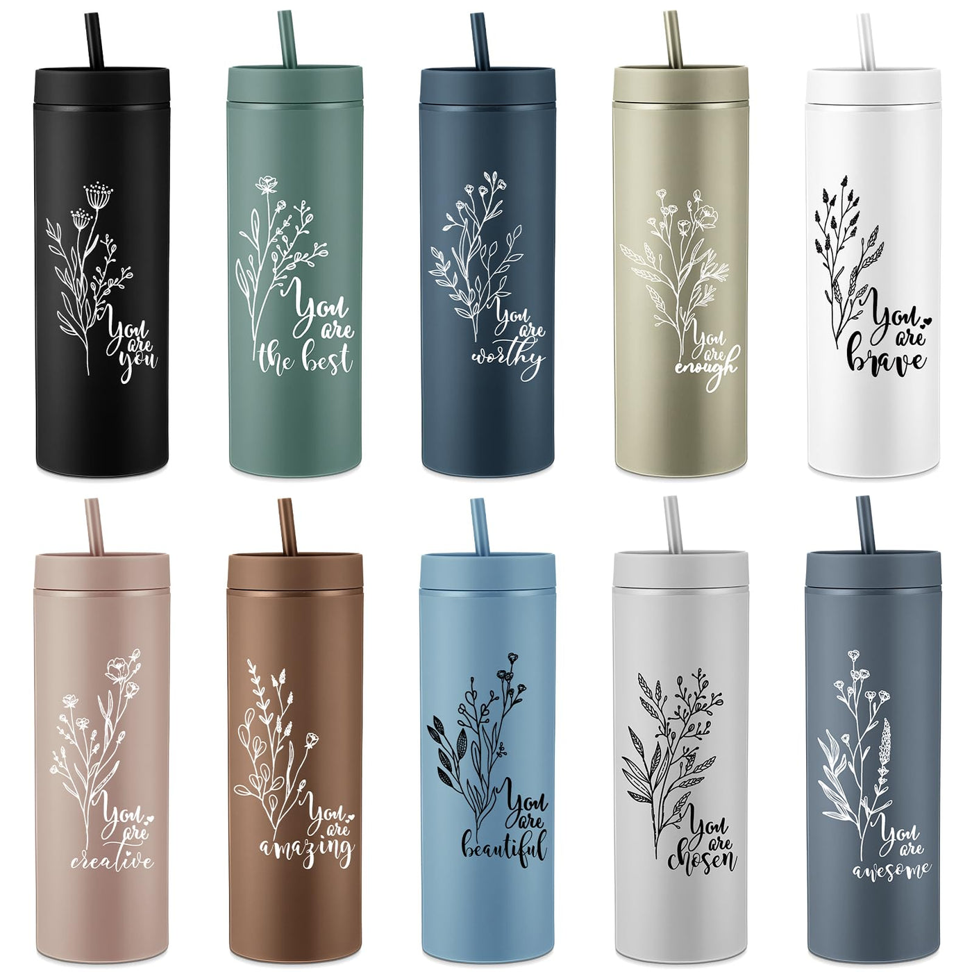 Tioncy 10 Pcs Employee Appreciation Gift Bulk Thank You Skinny Tumbler 16oz Matte Inspirational Water Cup with Lid Straw for CNA Nurse Graduation Team Coworker Teacher Volunteer(Neutral)