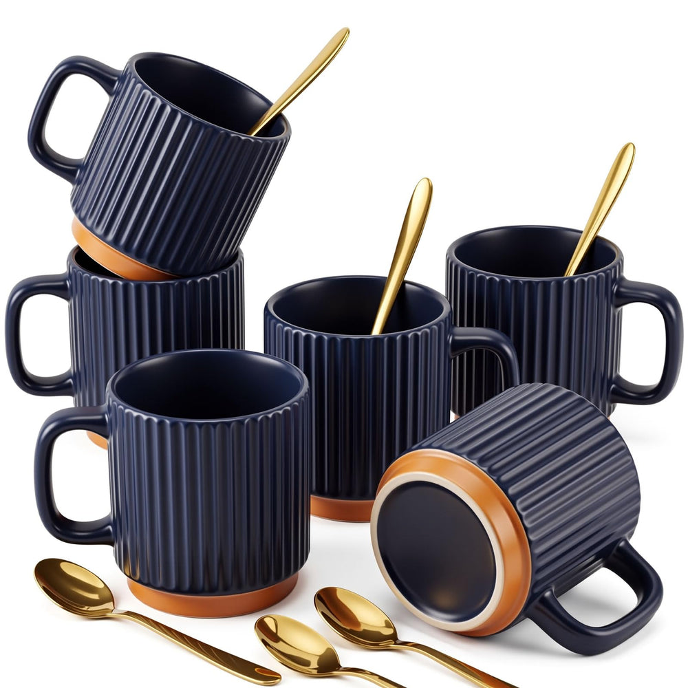 6 Set Ceramic Coffee Mugs with Gold Spoons, 8.8 oz Textured Ribbed Coffee Cups for Latte & Cappuccino, Modern Farmhouse Tea Mugs with Handle, Dishwasher & Microwave Safe(Beige)