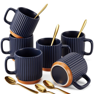 6 Set Ceramic Coffee Mugs with Gold Spoons, 8.8 oz Textured Ribbed Coffee Cups for Latte & Cappuccino, Modern Farmhouse Tea Mugs with Handle, Dishwasher & Microwave Safe(Beige)
