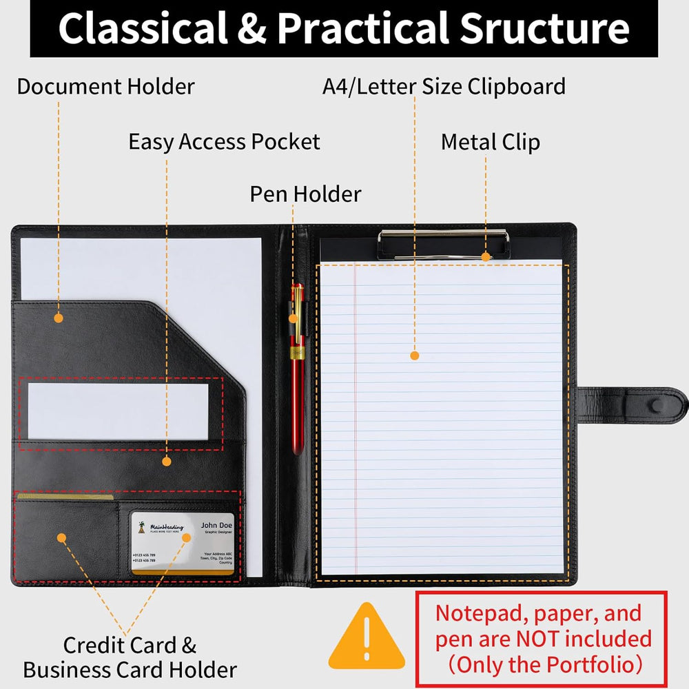 Professional Padfolio with Clipboard, Faux Leather Portfolio Folder Binder, Legal Pad Holder for A4 Letter Size Notepad, Resume, Writing Pad, Ideal Organizer for Business Office Conference, Black