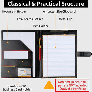 Professional Padfolio with Clipboard, Faux Leather Portfolio Folder Binder, Legal Pad Holder for A4 Letter Size Notepad, Resume, Writing Pad, Ideal Organizer for Business Office Conference, Black