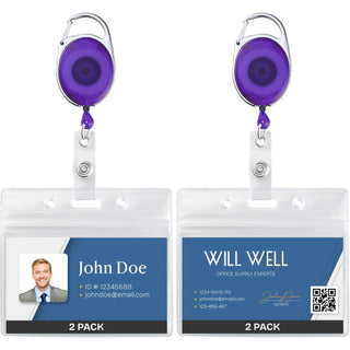 Will Well ID Badge Holders with Clip and Keyring - Vertical Clear Plastic 2.52" x 3.58" Sleeves Fit Up to 3 Cards - Retractable 24" UHMWPE Fiber Pull Cords for Easy Access - 2-Pack, Black Reels
