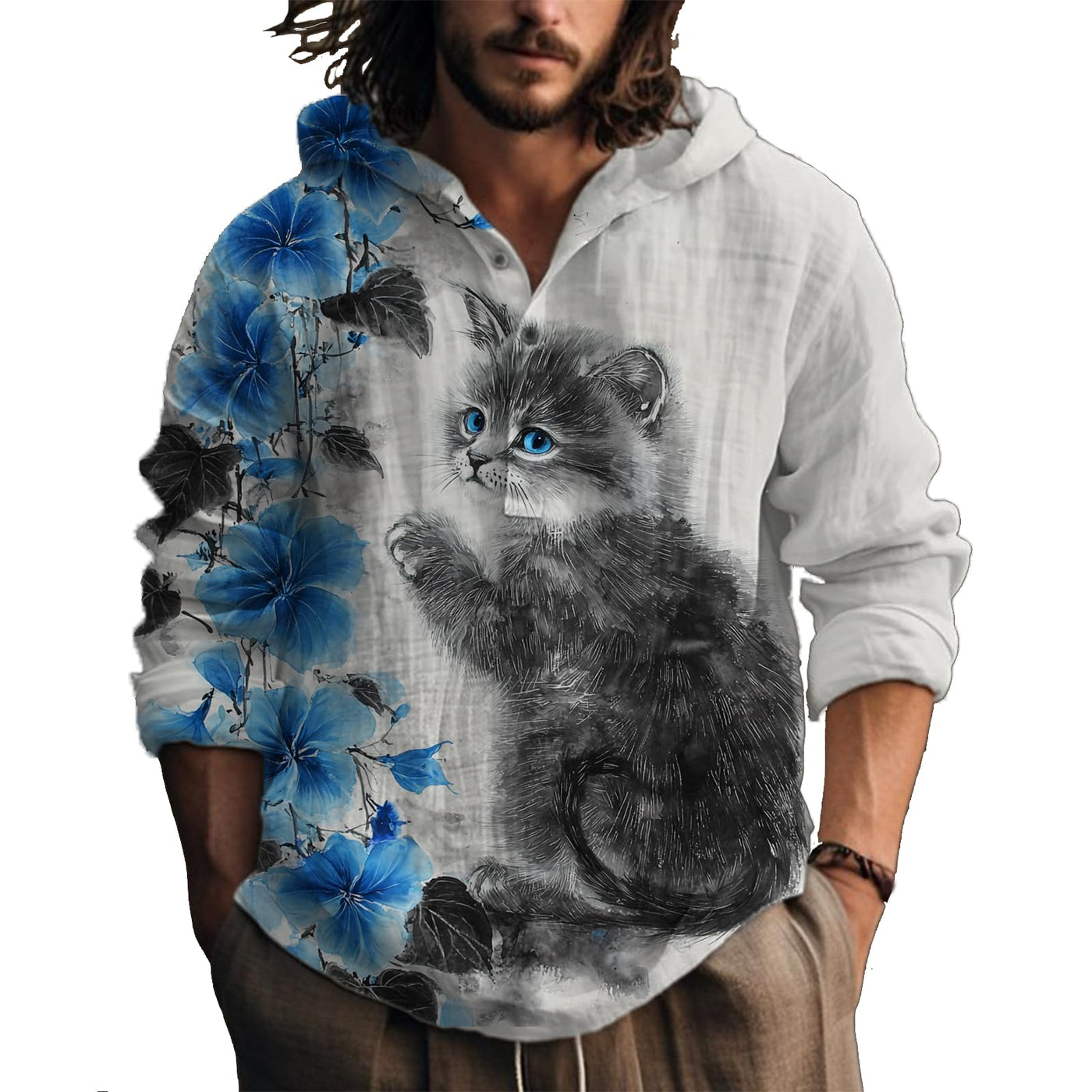 MARSVOVO Hooded Long Sleeve Shirt Men Fashion Graphic Button Up Lightweight Big and Tall Casual Vacation Shirts for Men