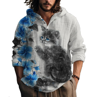 MARSVOVO Hooded Long Sleeve Shirt Men Fashion Graphic Button Up Lightweight Big and Tall Casual Vacation Shirts for Men