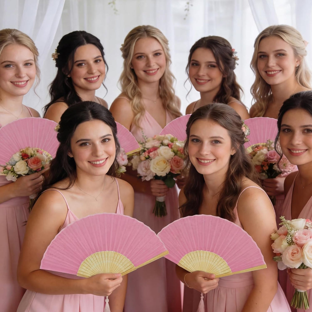Aneco 18 Pieces Pink Handheld Cloth and Bamboo Folding Fans for Wedding Decoration, Church Gifts, Party Favors, DIY Decoration
