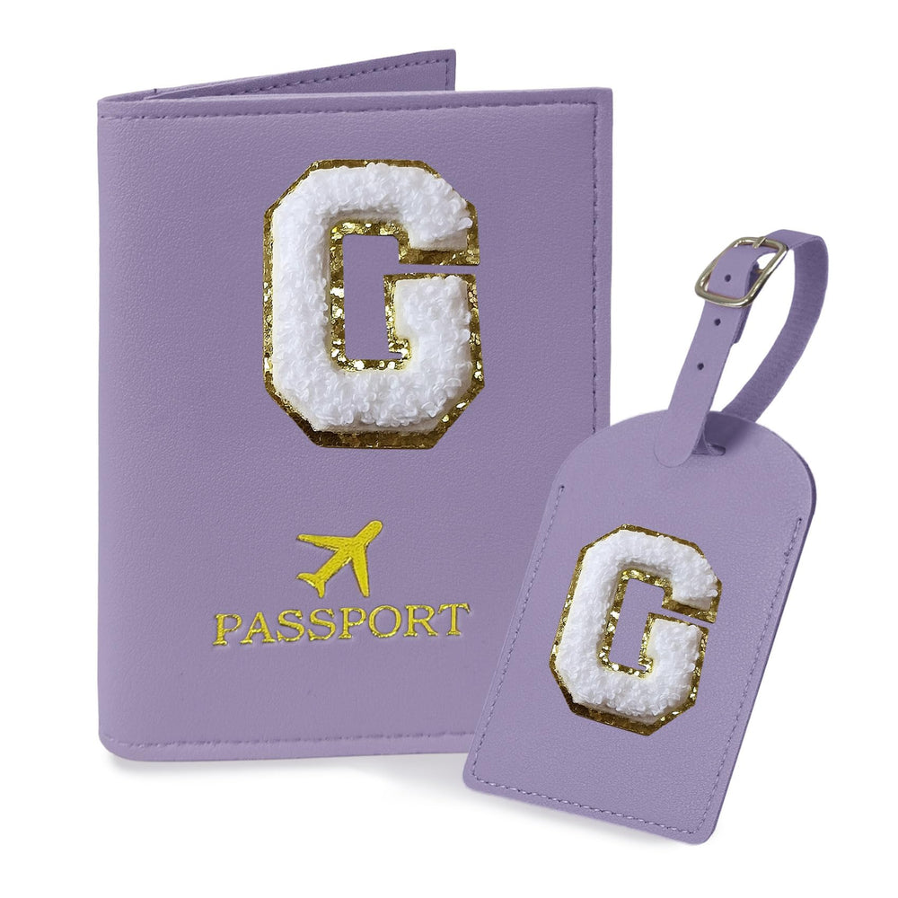 COSHAYSOO Purple Passport Cover Holder and Initial Luggage Tag Set TSA Approved with Personalized Monogram Chenille Letter Patch for Women Teen Girls, Cute Travel Bag Suitcase Identifier (A)