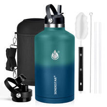 SENDESTAR Water Bottle 32oz Double Wall Vacuum Insulated Leak Proof Stainless Steel Sports Water Bottle—Wide Mouth with New Flex Straw Lid & Spout Lid (Deep Blue&Black)