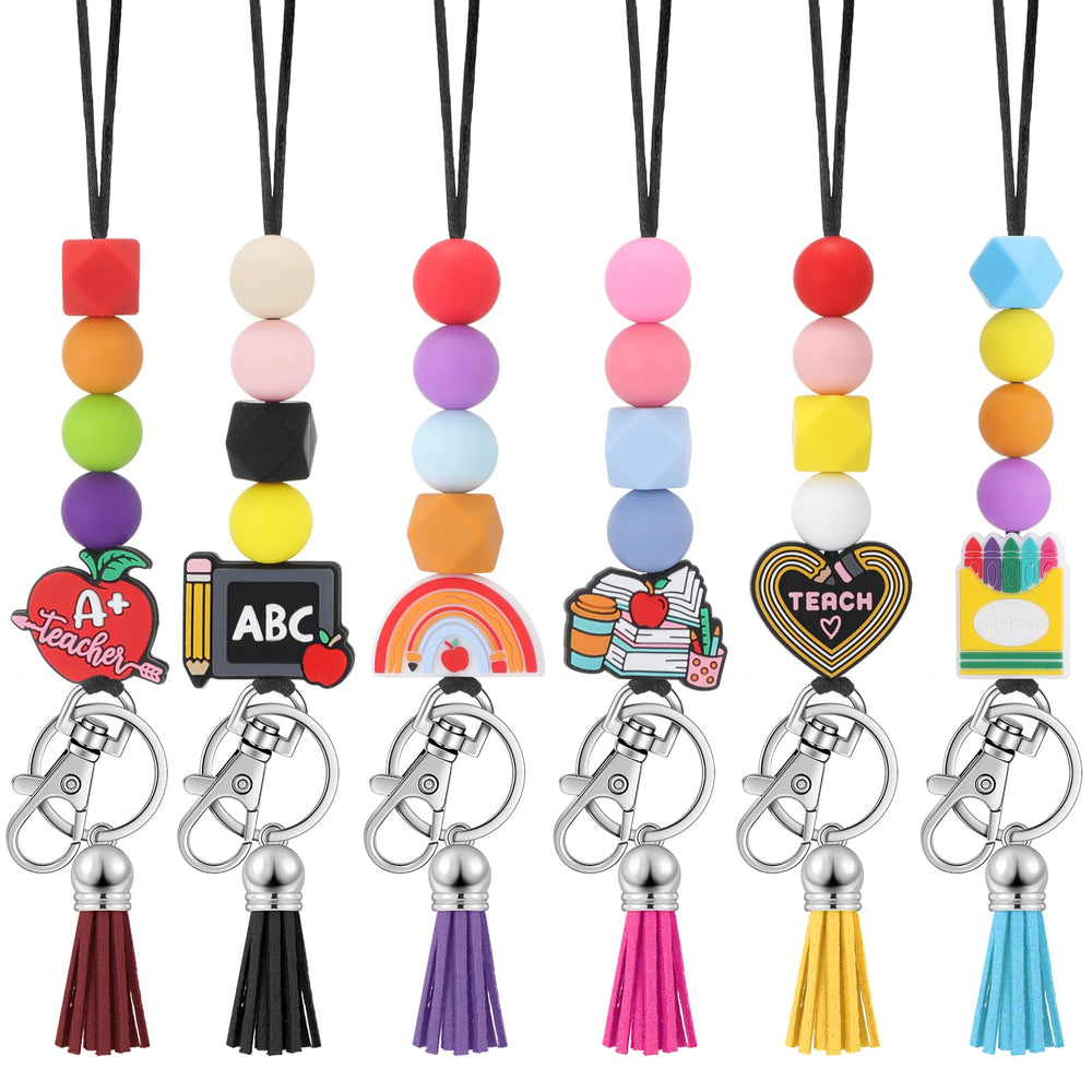 Misdary 6 Pcs Teacher Lanyards Cute Beaded Breakaway Clasp Retractable Badge Reel Lanyard Teacher Gift for ID Badges Holder Christmas Keychain Women(Apple Theme)