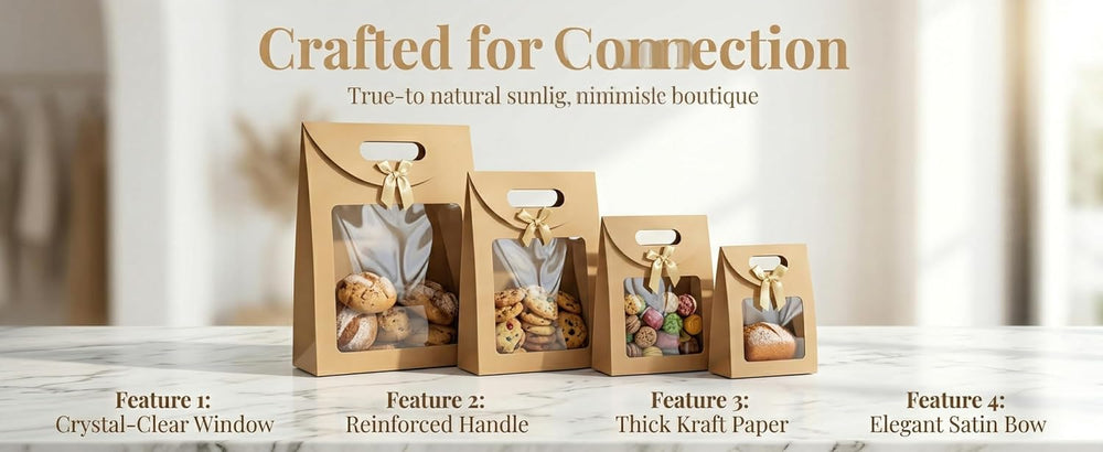 20pcs Elegant Kraft Paper Gift Bags with Clear Window & Sturdy Brown Cardboard Back -Stand Up Design with Rounded Corners & Twine Closure Recyclable Brown Cardboard Boxes for Holiday Party