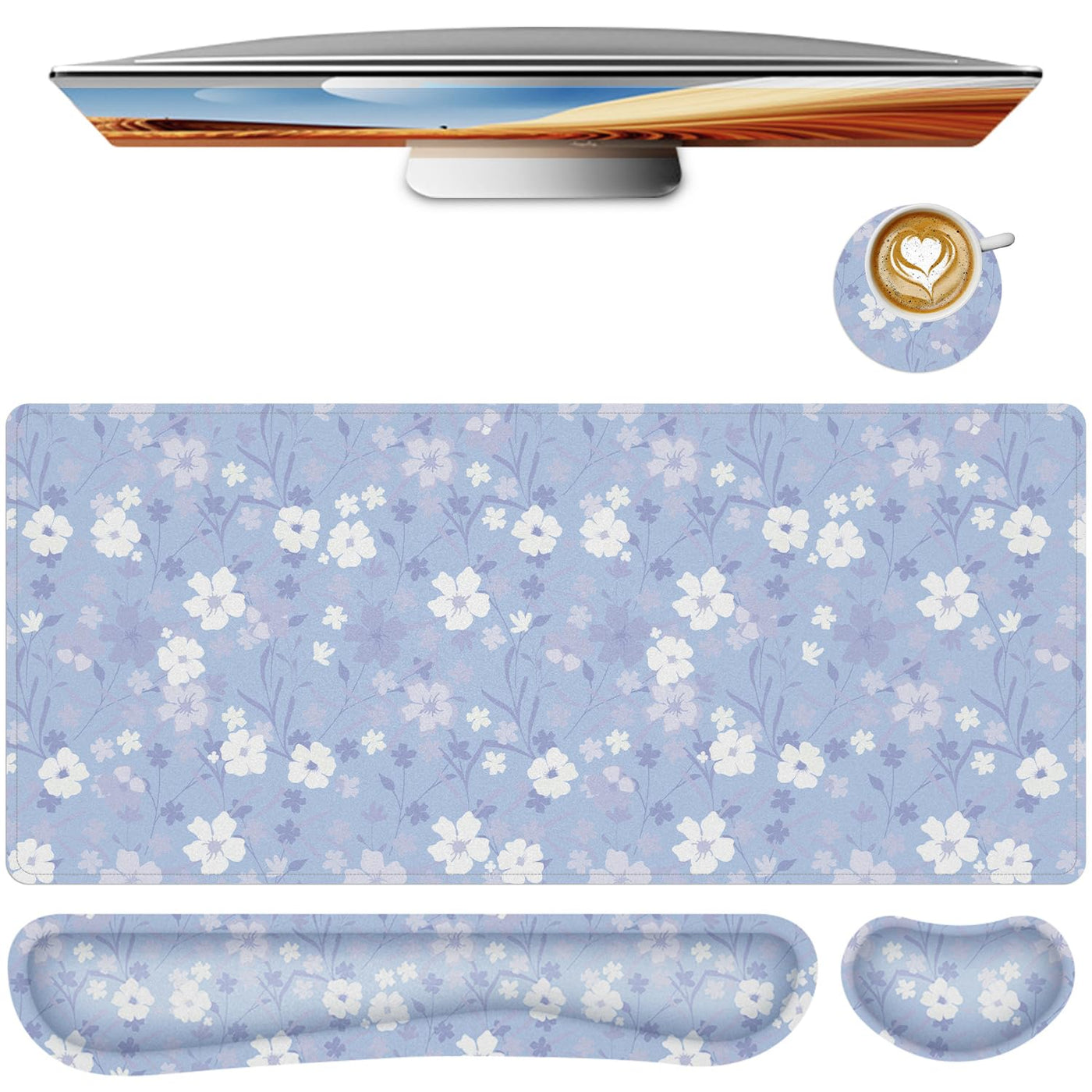 Keyboard Mouse Pad Set,Large Gaming Mouse Pad+Keyboard Wrist Rest+Wrist Rest+Coaster,Computer Desk pad Set Wrist Support for Office Desktop Laptop. (35.4" x 15.7") Extended Desk Mat (Floral)