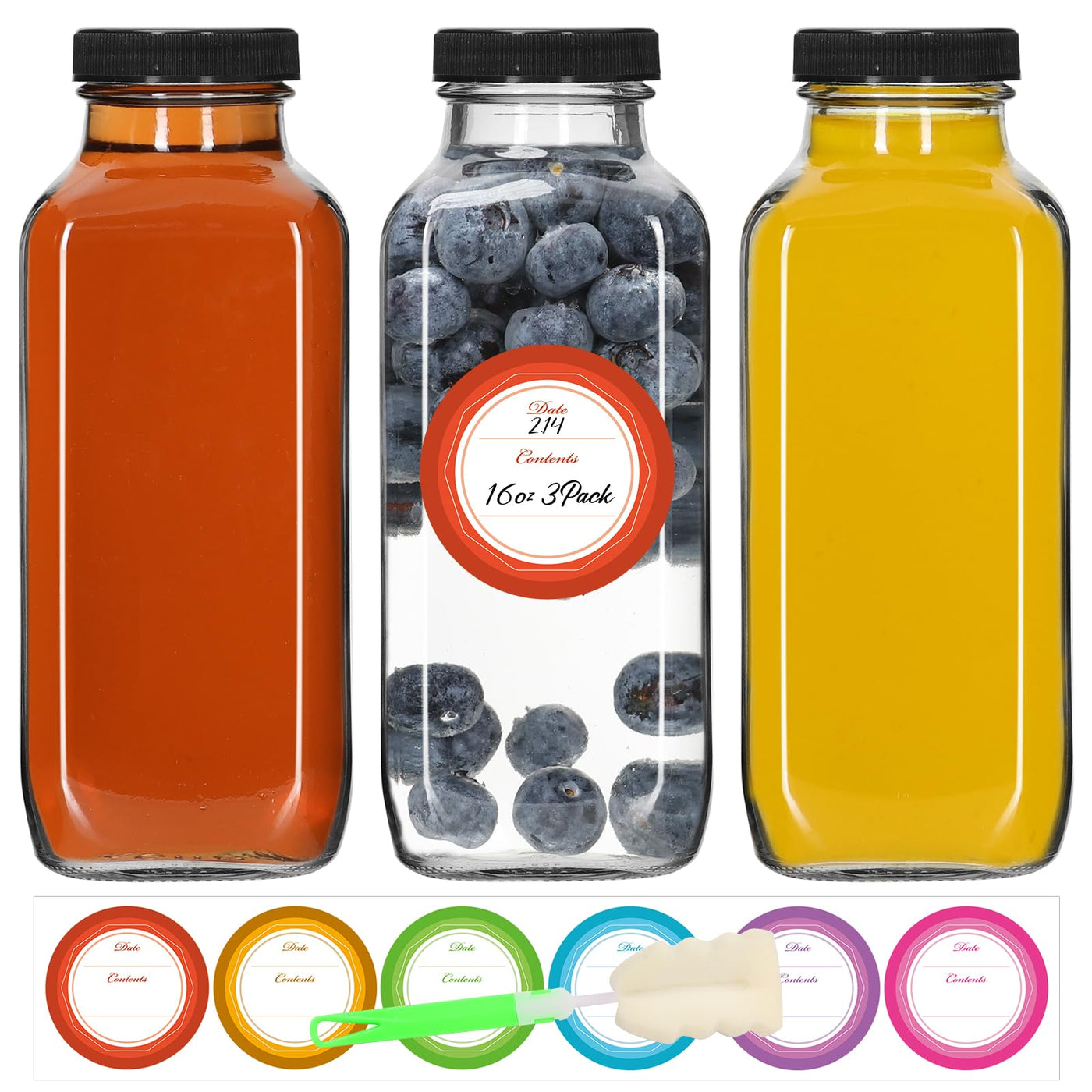 STARSIDE 8 oz 3 Pack Glass Juice Bottles with Lids - Square Reusable Drinking Jars for Juicing, Milk, Kombucha - Includes 1 Bottle Brush, 6 Colored Labels