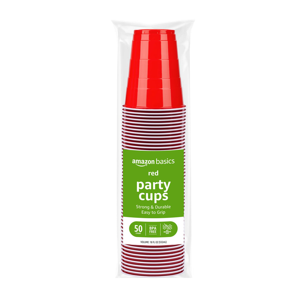 Amazon Basics Sturdy Disposable Plastic Party Cups for Cold Drinks, Red, 18oz, 50 Count, BPA-Free