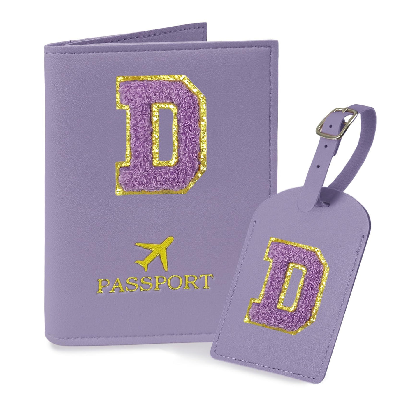 COSHAYSOO Purple Passport Cover Holder and Initial Luggage Tag Set TSA Approved with Personalized Monogram Chenille Letter Patch for Women Teen Girls, Cute Travel Bag Suitcase Identifier (A)
