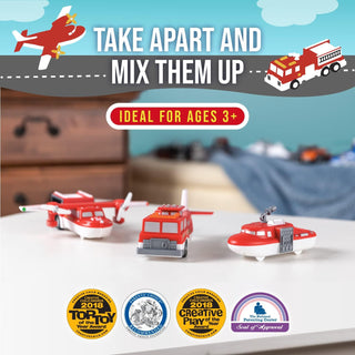 POPULAR PLAYTHINGS Magnetic Vehicles for Toddlers 1-3, Mix or Match Car Toys, Set of 3 Gift for Kids - Vehicles, Fire & Rescue, Red and White
