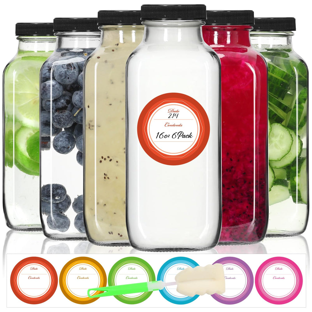 STARSIDE 8 oz 3 Pack Glass Juice Bottles with Lids - Square Reusable Drinking Jars for Juicing, Milk, Kombucha - Includes 1 Bottle Brush, 6 Colored Labels
