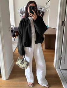 Kissonic Womens Faux Suede Bomber Jacket Oversized Batwing Long Sleeve Zip Up Cropped Coat Streetwear