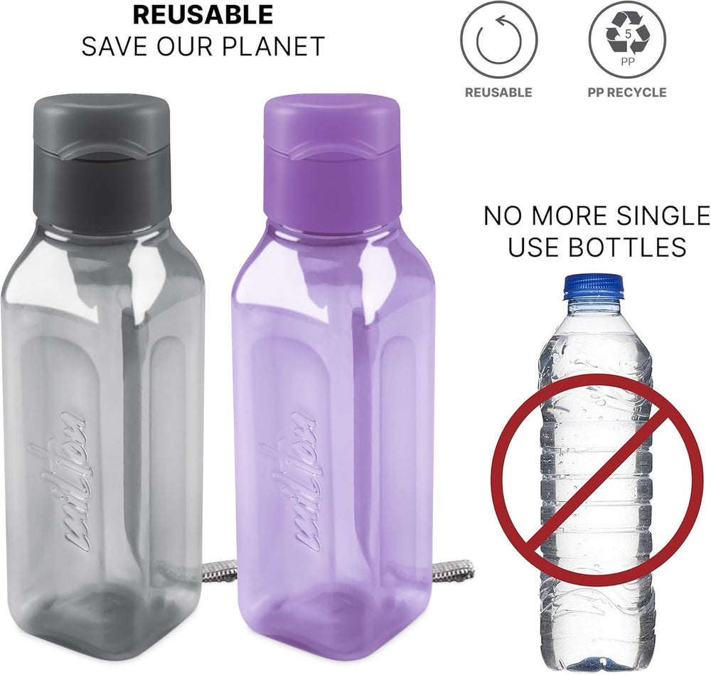 Bulk Set of 4 10oz Multicolor Water Bottles for Kids and Adults - Leak Proof With Carry Strap - Square Reusable for Juice, Drinks - BPA-Free Dishwasher-Safe
