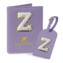 COSHAYSOO Purple Passport Cover Holder and Initial Luggage Tag Set TSA Approved with Personalized Monogram Chenille Letter Patch for Women Teen Girls, Cute Travel Bag Suitcase Identifier (A)