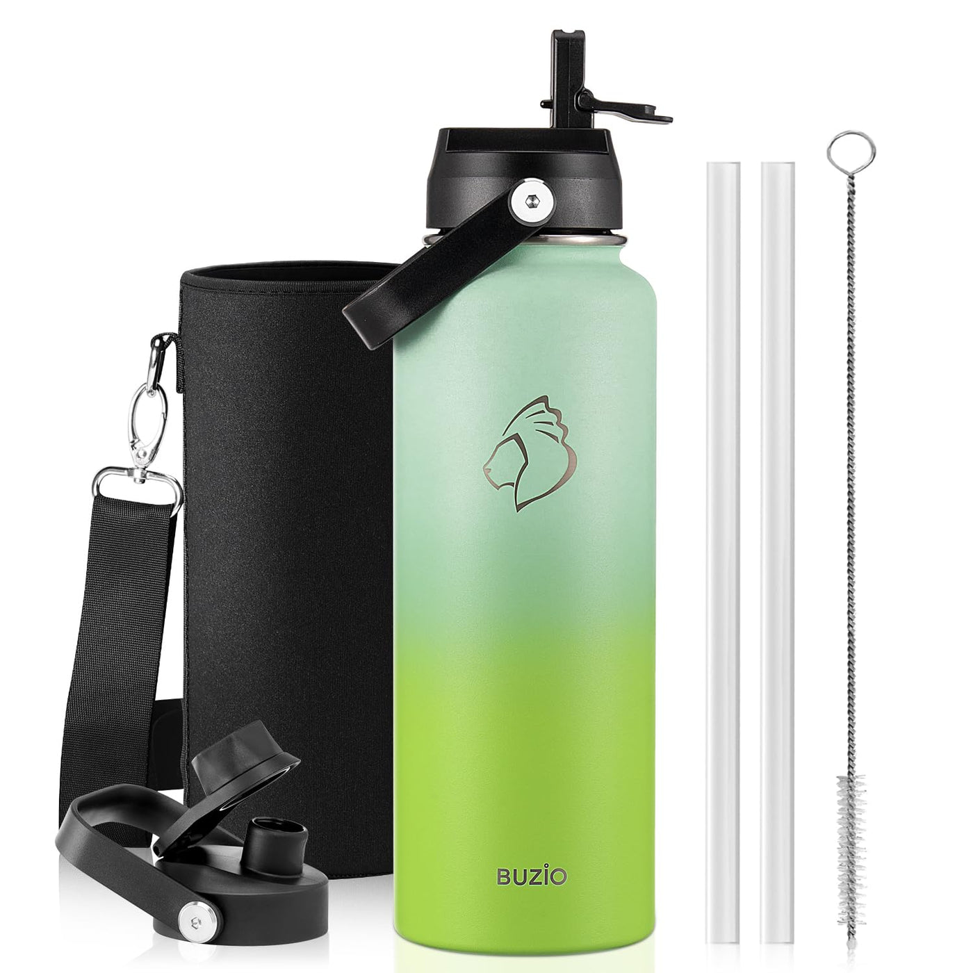 BUZIO 40oz Insulated Water Bottle, Triple Wall Vacuum Stainless Steel Water Flask with 2 lids, Lead-Free BPA-Free Straw Lid Sports Canteen Jug, Cold 48H & Hot 24H- Black