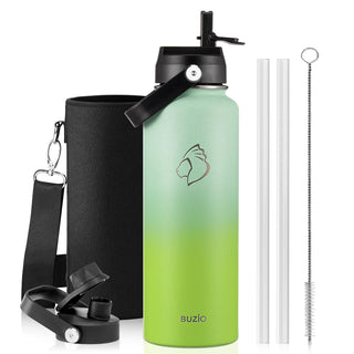 BUZIO 40oz Insulated Water Bottle, Triple Wall Vacuum Stainless Steel Water Flask with 2 lids, Lead-Free BPA-Free Straw Lid Sports Canteen Jug, Cold 48H & Hot 24H- Black