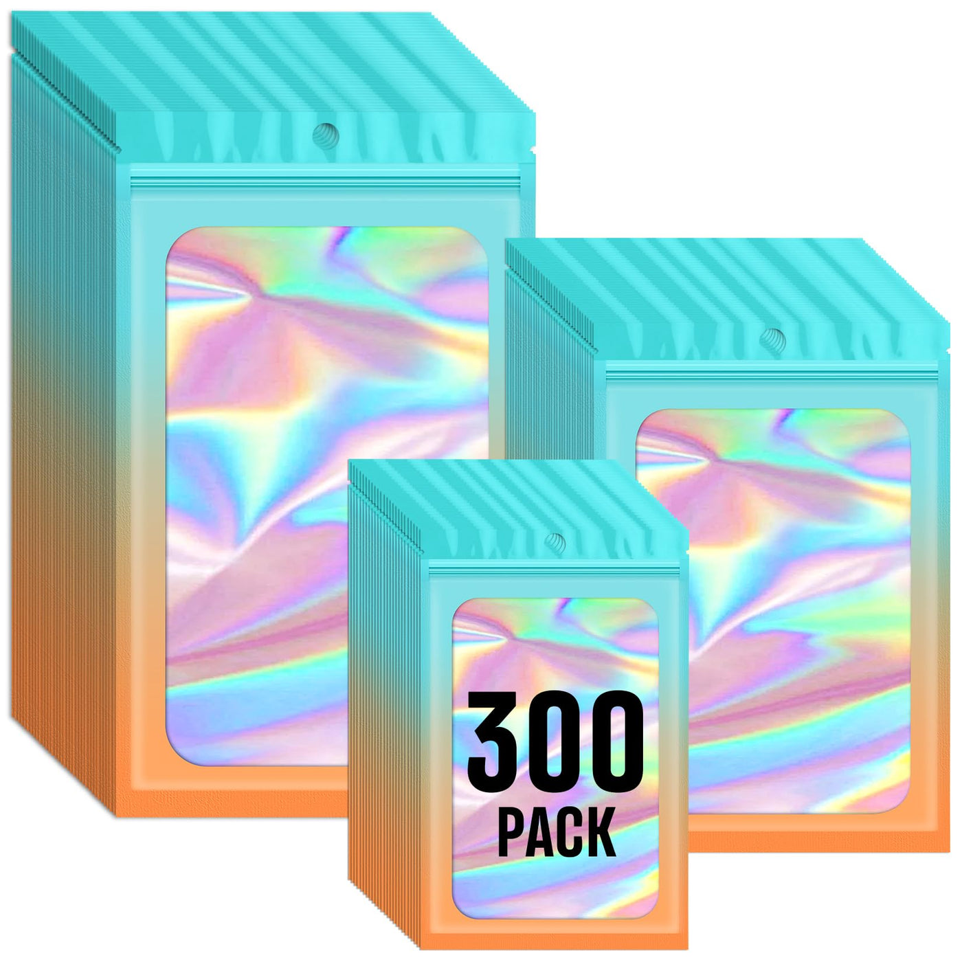 Funfery 300 Pack 3 Size Mylar Holographic Bags with Clear Window,Resealable Bag Smell Proof Bags Zipper Foil Baggie Packaging Pouch for Food Storage,Sample,Small Business(Black,3x4.7,4x6,4.7x7.9in)