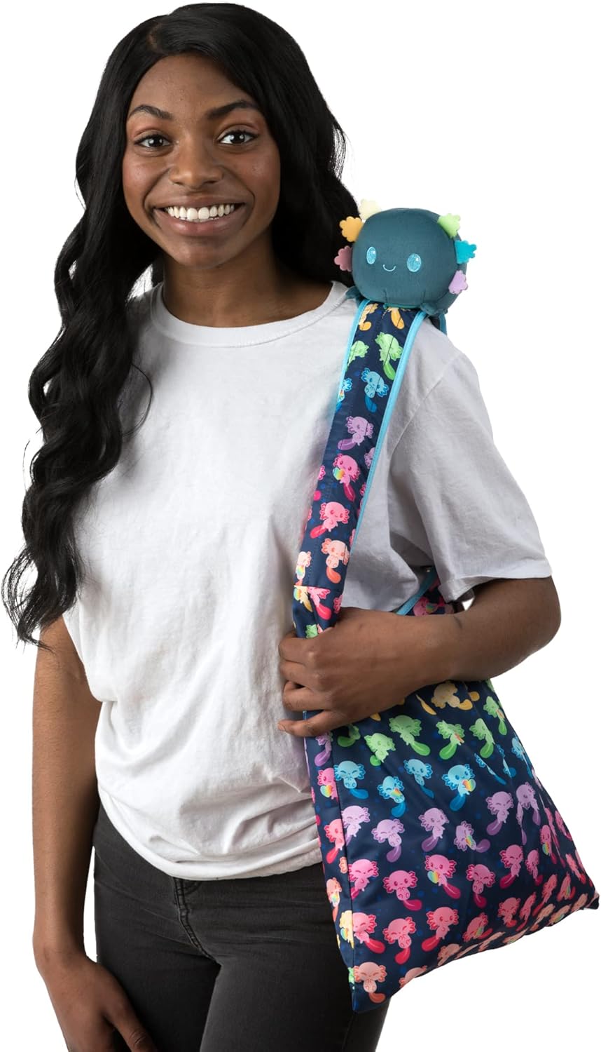 TeeTurtle - Plushie Tote Bag - Blue + Rainbow Axolotl - From the creators of the Original Reversible Octopus Plushie - Take Your Plush Pal Wherever You Go!