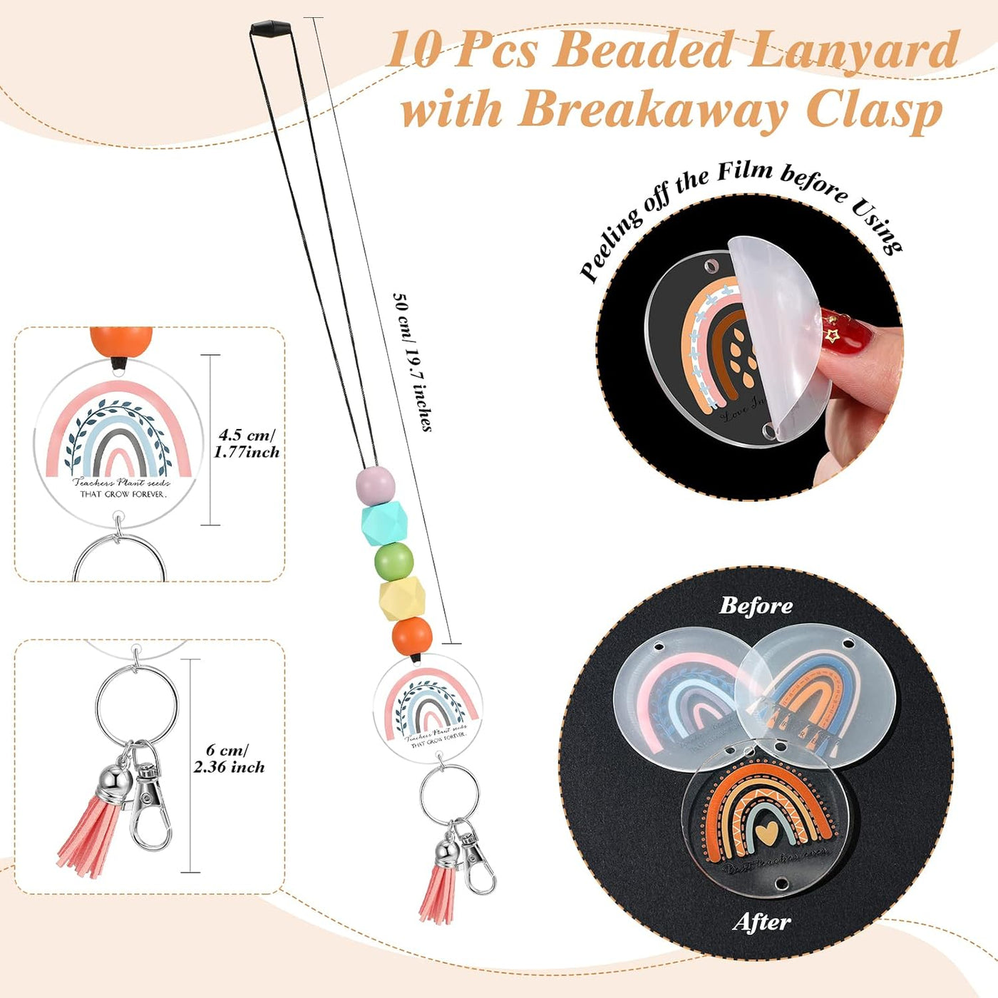 Roowest Graduation Gifts Teacher Lanyards for ID Badge Keys Colorful Rainbow Beaded Badge Lanyard for Women's Day Secretary Employee Appreciation