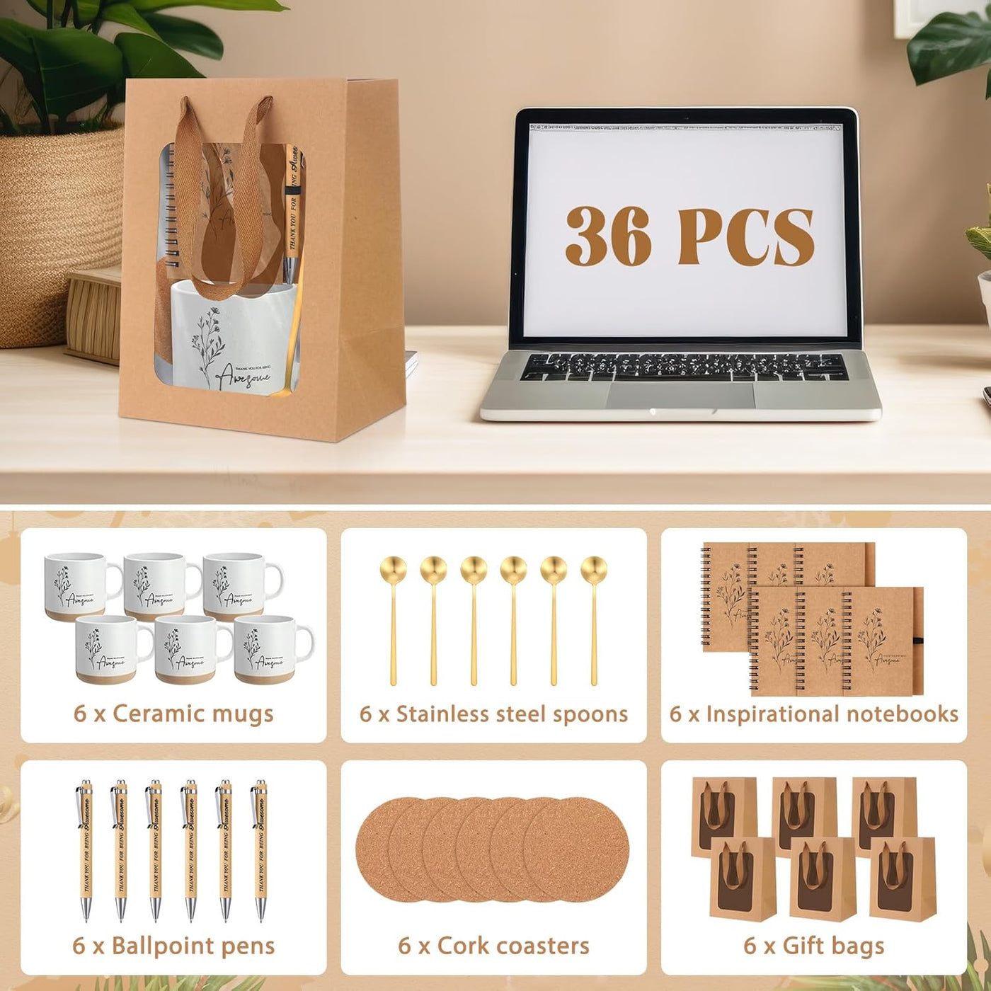 Vesici Thank You Gifts Set Employee Appreciation Gifts Coffee Mug with Spoon Inspirational Journal Notebook Ballpoint Pen Present Set for Team Coworker Staff Teacher Nurse CNA Week(36 Pcs)