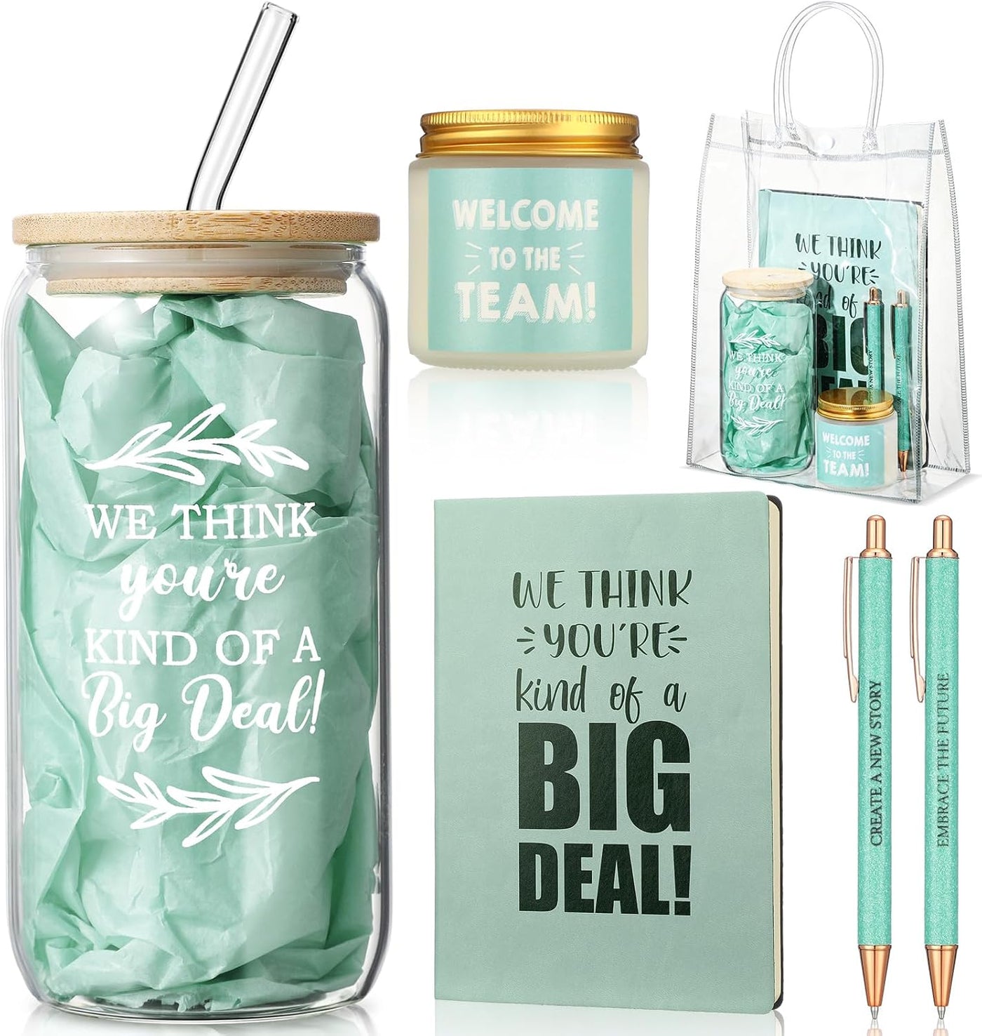 Thenshop 6 Pcs Welcome to the Team Gifts Bulk for New Employee Inspirational Glass Tumbler Notebook Pens Scented Candle with PVC Bag Employee Appreciation Gift Set for New Coworker Office (Sage Green)