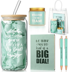 Thenshop 6 Pcs Welcome to the Team Gifts Bulk for New Employee Inspirational Glass Tumbler Notebook Pens Scented Candle with PVC Bag Employee Appreciation Gift Set for New Coworker Office (Sage Green)