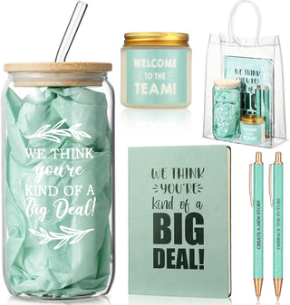 Thenshop 6 Pcs Welcome to the Team Gifts Bulk for New Employee Inspirational Glass Tumbler Notebook Pens Scented Candle with PVC Bag Employee Appreciation Gift Set for New Coworker Office (Sage Green)
