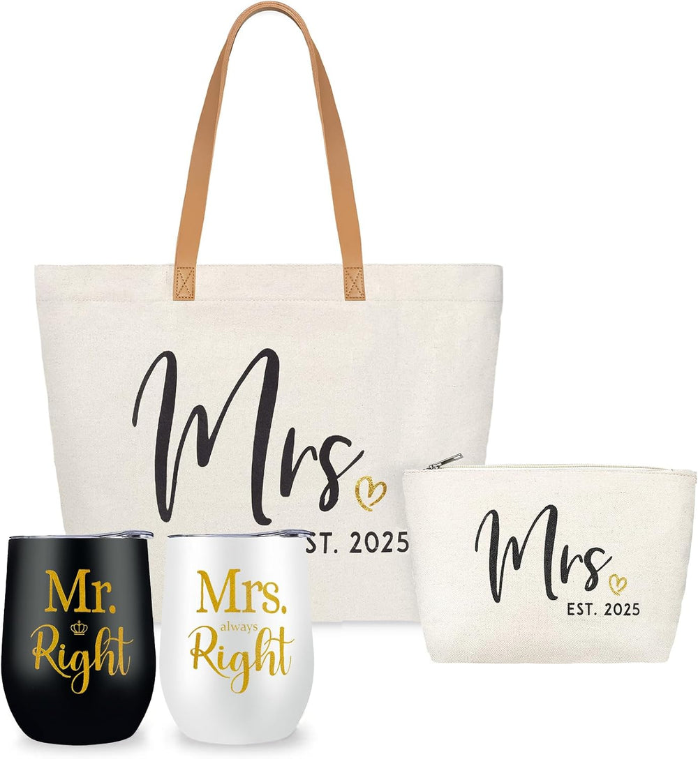 ELEGANTPARK Mr Right and Mrs Always Right Gifts Wedding Gifts for Women Mr&Mrs Wine Tumbler Mrs. 2025 Bag Set Newlyweds Engagement Present for Bride and Groom