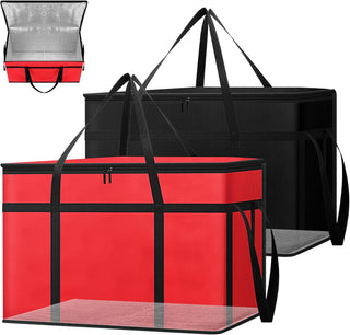 2 Pack Insulated Food Delivery Bags with Removable Hard Bottom 65lb Capacity One Red One Black Triple Layer Thermal Catering Tote Flat Folding Pizza Warmer Cooler Bag for Car Rideshare Transport