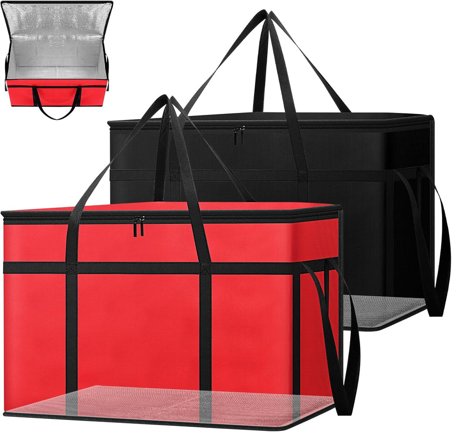 2 Pack Insulated Food Delivery Bags with Removable Hard Bottom 65lb Capacity One Red One Black Triple Layer Thermal Catering Tote Flat Folding Pizza Warmer Cooler Bag for Car Rideshare Transport