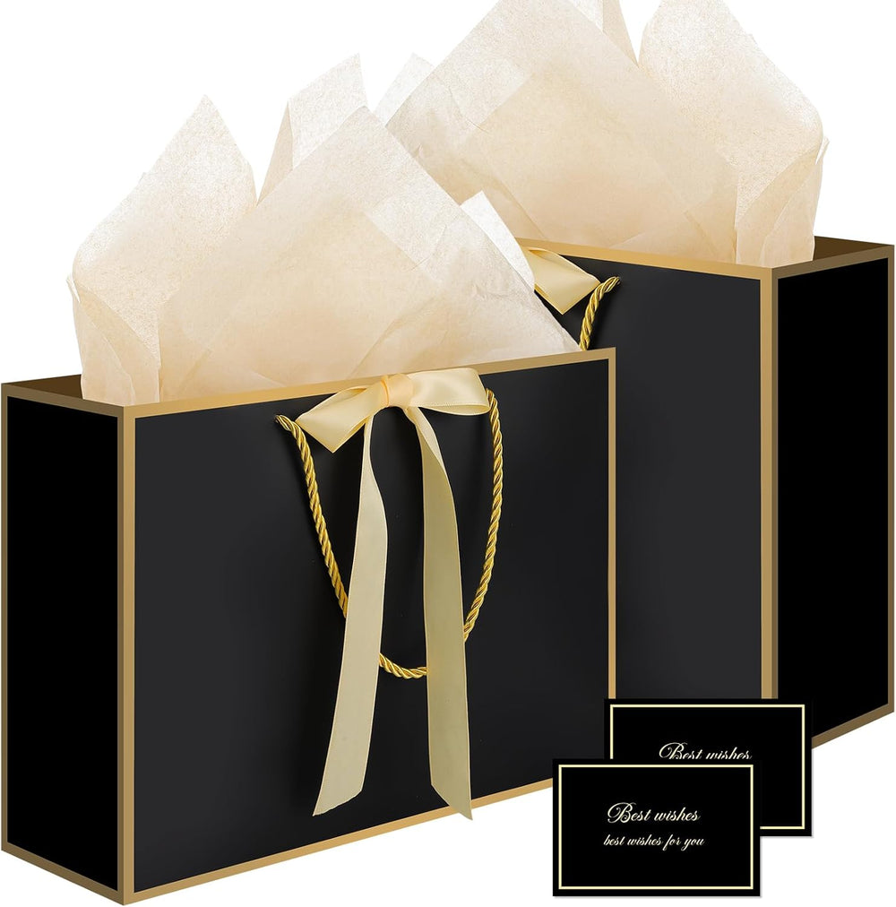 woric Black Gift Bags with Handles, 14" Medium Gift Bag with Tissue Paper, 2 Pcs Bags with 4 Tissue Paper and 2 Cards for Men Graduation Father's Day Birthday Party