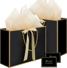 woric Black Gift Bags with Handles, 14" Medium Gift Bag with Tissue Paper, 2 Pcs Bags with 4 Tissue Paper and 2 Cards for Men Graduation Father's Day Birthday Party