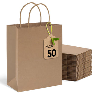 MESHA Brown Paper Bags 8x4.25x10.5 Inch 20Pcs, Paper Bags with Handles, Sturdy Brown Gift Bags for Retail, Birthday Party Favors, Shopping, Small Business (Made in USA)