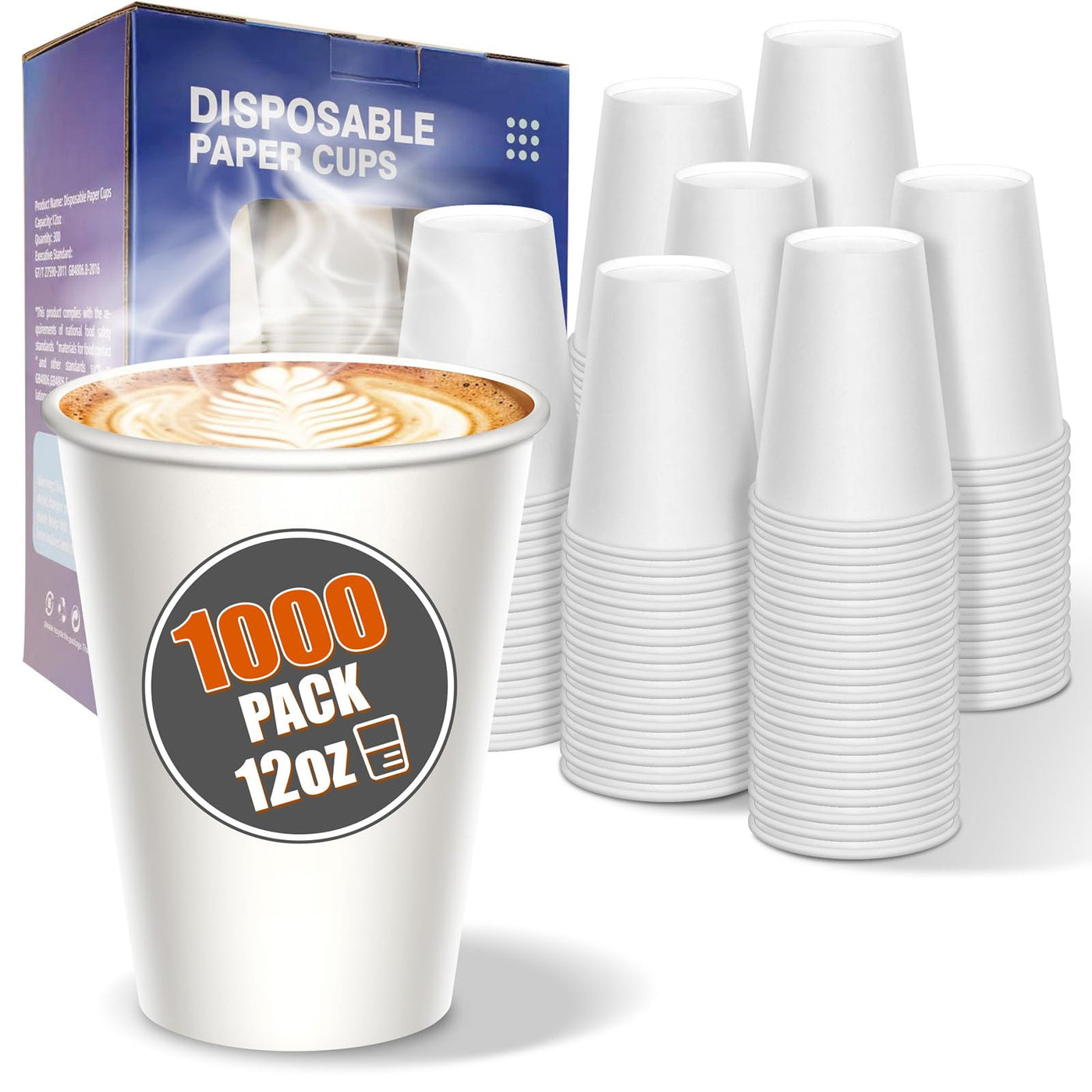 MOUMOULIFE 12 oz Disposable Paper Coffee Cups, 100 Count – Leak-Resistant White Cups for Hot & Cold Drinks, Ideal for Office, Party, Travel, To Go & Daily Use