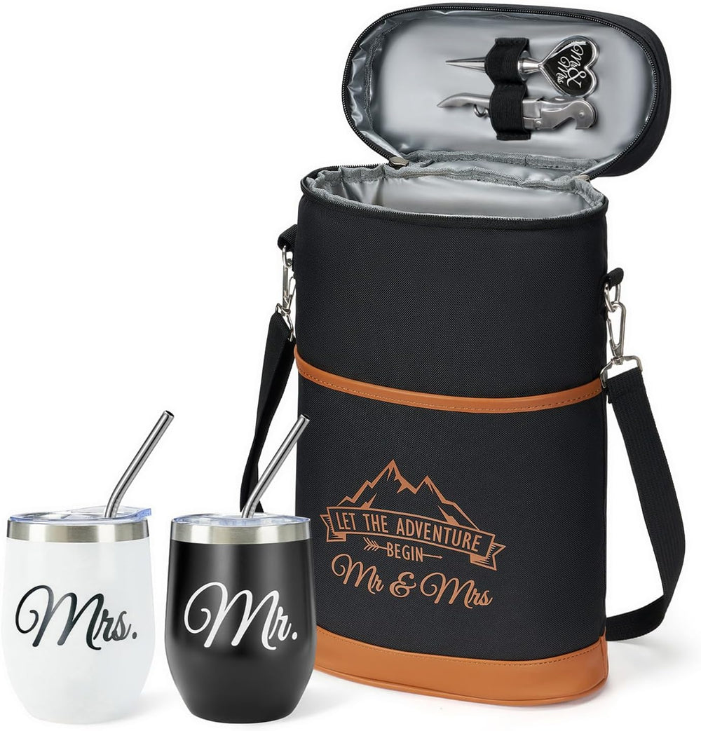 AW BRIDAL Mr and Mrs Gifts Bridal Shower Gifts His and Hers Gifts Wedding Gifts, Couple Engagement Gifts- Wine Gift Bag Wine Cooler Bag Insulated Wine Carrier Tote with Tumblers, Black C