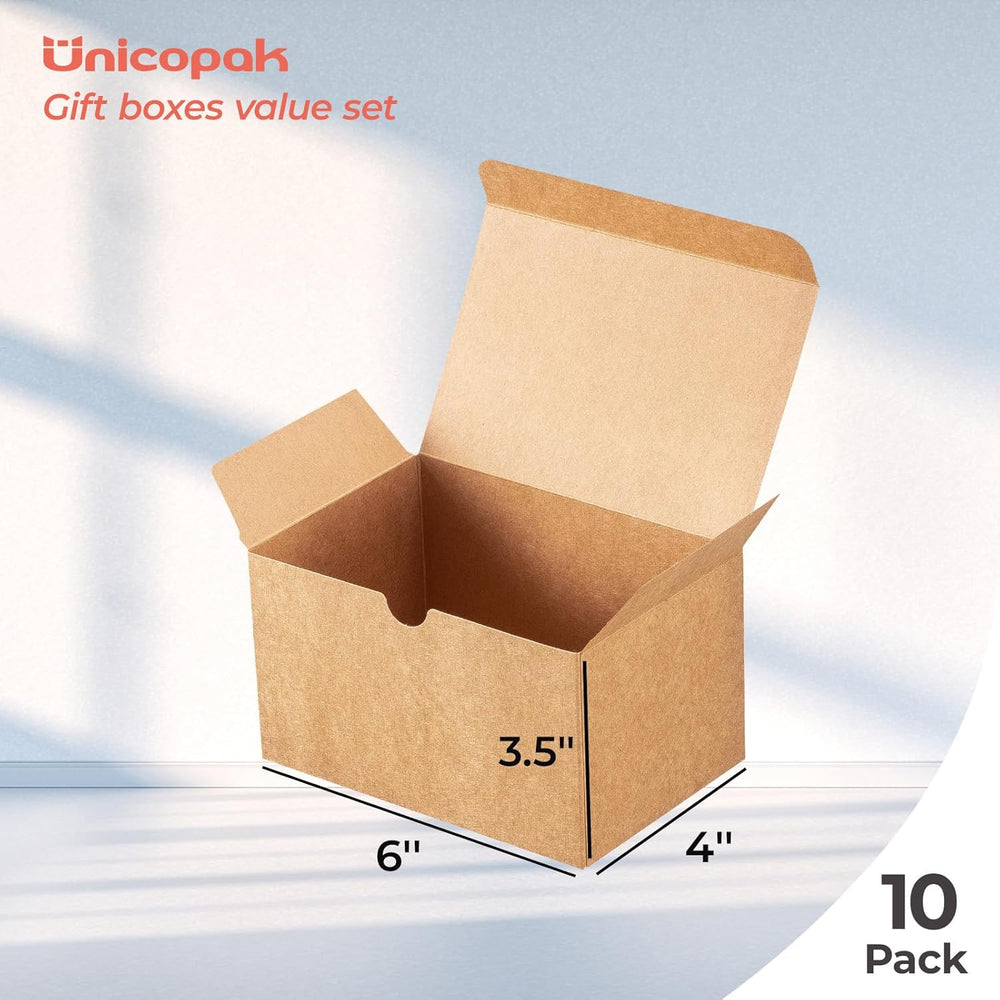 UnicoPak 10 Pack 6x4x3.5 Brown Gift Boxes with Lids for Presents Kraft Small Gift Boxes Bulk for Candle Mug Perfume Craft Ornaments Cookies Treats Favors