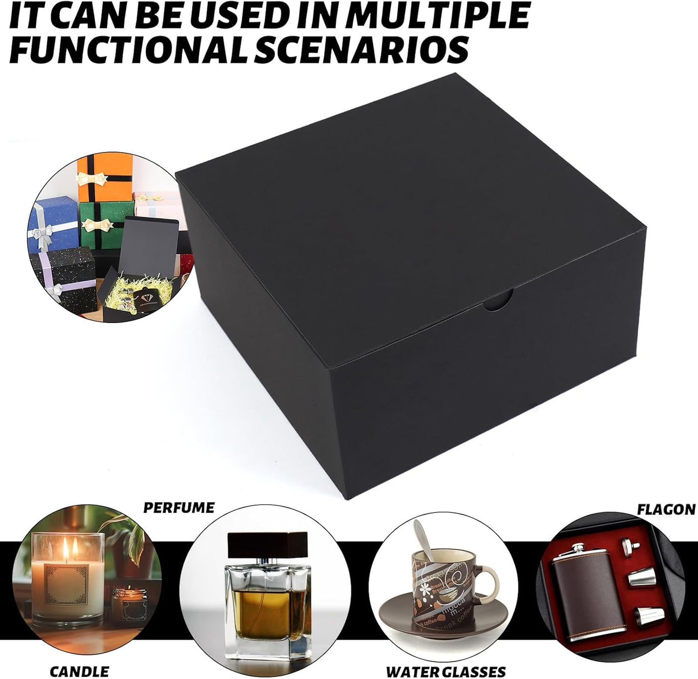 YUEFANBOX Black Gift Boxes with Lids, 8x8x4 inches, 10 Pack – Easy Assemble Bulk Boxes with Bottom Stickers for Groomsmen Proposals, Wedding Favors, Birthdays & Christmas