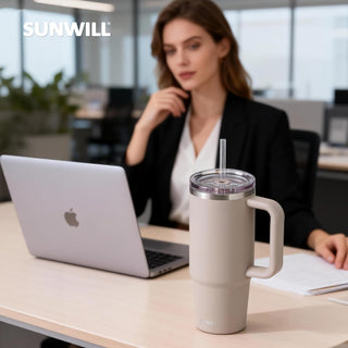 SUNWILL Insulated Coffee Tumbler with Handle, 30oz Stainless Steel Travel Mug with Straw, Spill Resistant Lid, Cup Holder Friendly, Powder Coated Almond
