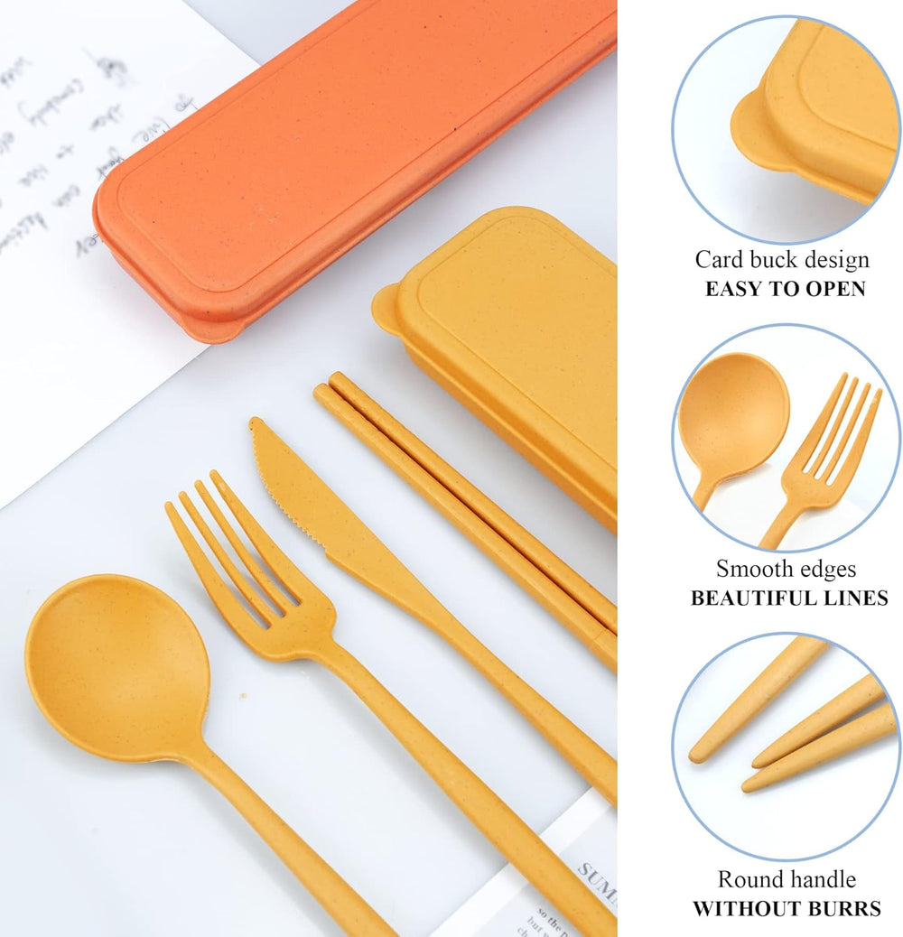 DISSKNIC Reusable Travel Utensils with Case, 4 Sets Wheat Straw Portable Cutlery Set Chopsticks Knives Fork and Spoon for Lunch Box Accessories, Camping Flatware Sets for Daily Use or Outdoor